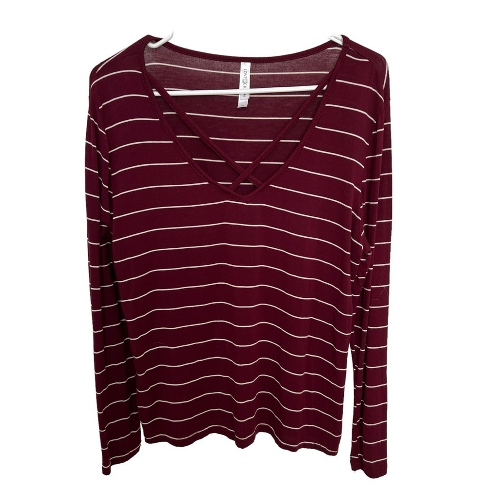 Love Charm Top‎ Cutouts Long Sleeve Burgundy White Stripe Rayon Modal XL Stretch